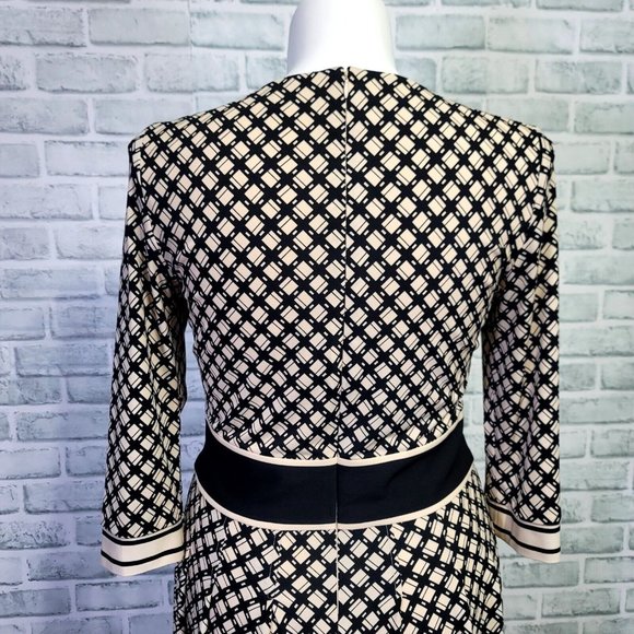 Eliza J Womens 12 Cream Black Geometric Pleated Skirt 3/4 Sleeve Fit Flare Dress - Picture 7 of 11